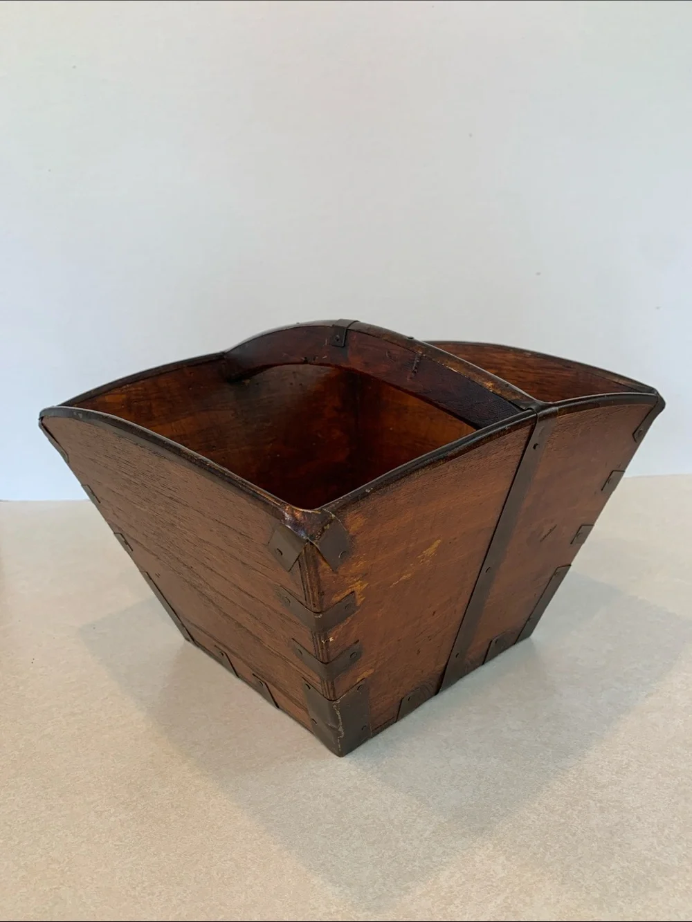 Oriental Asian Wood Rice/Harvest Style Basket with Metal Straps